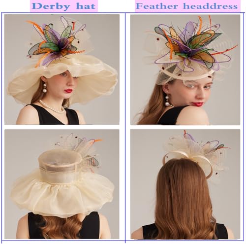Women Derby Church Hat Organza Flower Wedding Tea Party Fascinator Wide Brim Sun Hat - color: 12-cream Color