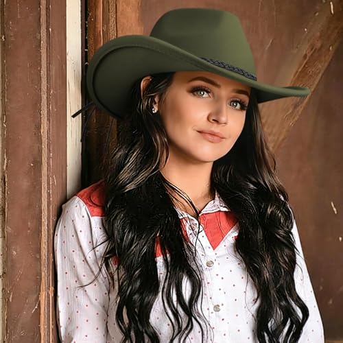 DRESHOW Western Cowboy Hat for Men Women Cowboy Cowgirl Hat Outdoor Wide Brim Retro Felt Fedora Hats Unisex Rolled up Caps - color: 1 Pack Style 9: Army Green With Braided Band