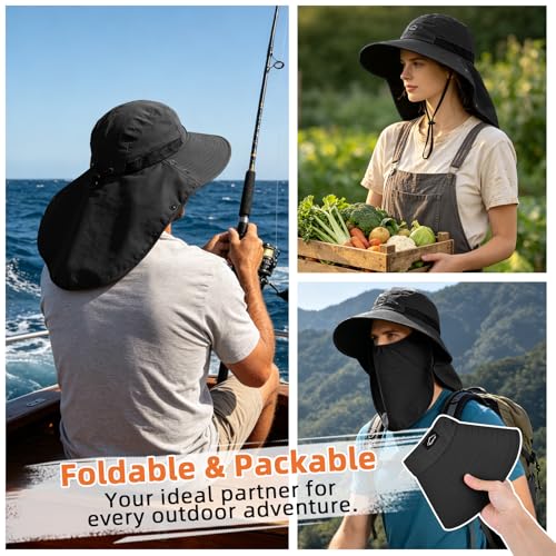Outdoor Sun Hat for Men Women, UPF 50+ Safari Cap Fishing Hat with Detachable Face Cover & Neck Flap Beach Garden Hiking - color: 1pack-black