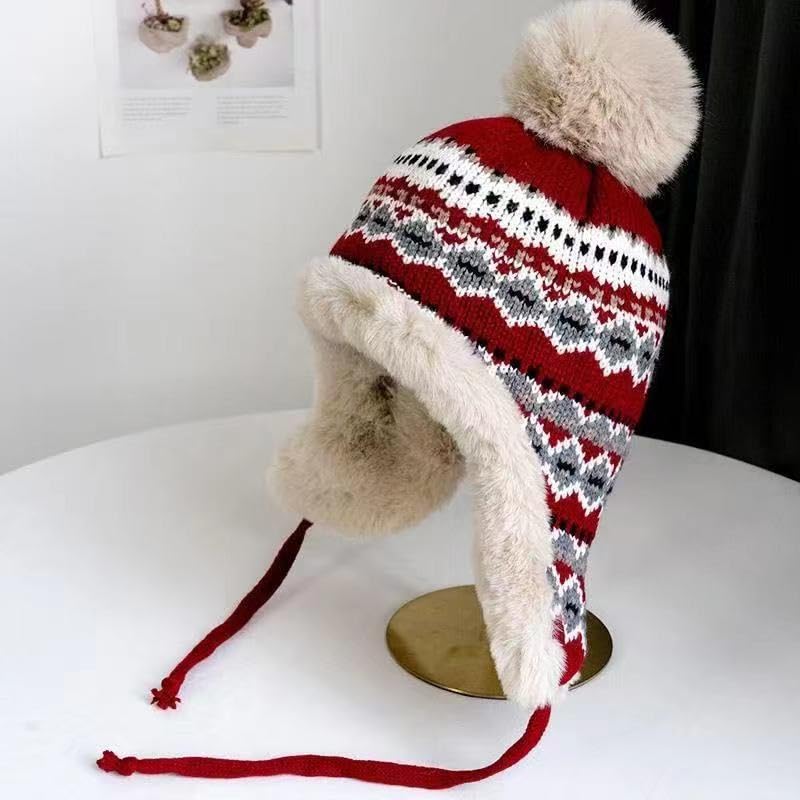 haozaikeji Women Winter Trapper Hat Faux Fur Knit Beanie Hat Thermal Earflap Outdoor Cap Pompom Hats Ushanka Hats - color: Red