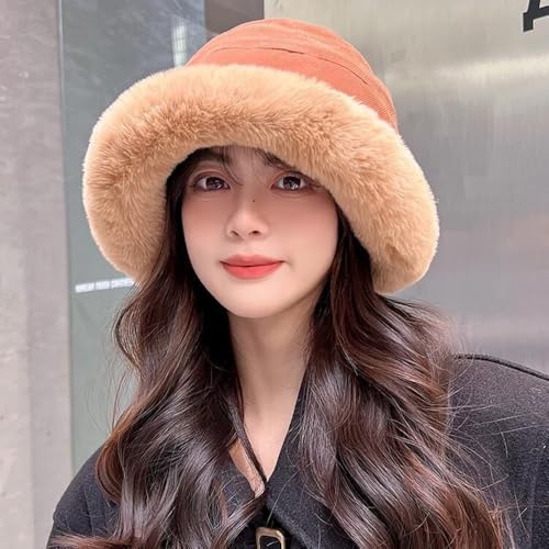 XYX Women Winter Knit Fleece Lined Bucket Hat Beanie Hat Rolled Brim Faux Fur Crochet Skull Cap - color: Red