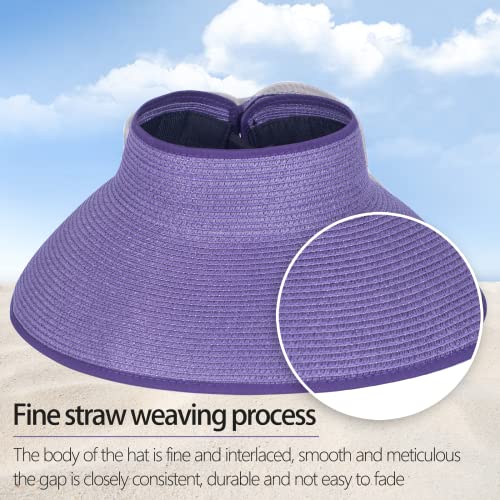 Women Sun Visors Foldable Straw Hats Summer Beach Packable Hat Floppy Wide Brim Cap Deep Style, Adjustable Size - color: Purple Khaki