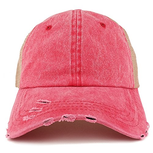 Trendy Apparel Shop Pigment Dyed Front Mesh Back Frayed Bill Trucker Cap - color: Red