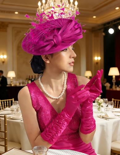 Unpifolov Fascinators Hats Elegant Women Flower Mesh Feathers Wedding Cocktail Bride Headband for Derby Hat Tea Party - color: Rose Red