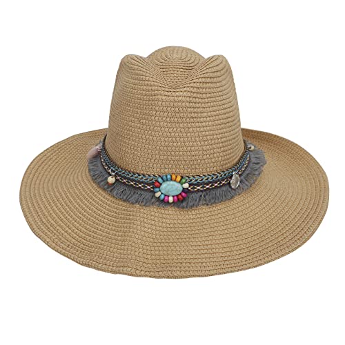 Women Men’s Western Cowboy Hat Summer Straw Hat Mexican Cowgirl Hat Newsboy Sunblock Top Cap Wide Brim Sun Hat - color: Khaki With Boho Belt