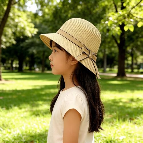 Summer Little Girl Kids Breathable Straw Hat Foldable UV Protection Bowknot Wide Brim Floppy Beach Sun Visor Hats - color: Beige