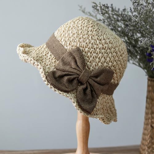 Elegant Woven Straw Sun Hat with Bow, Summer Beach Sun Straw Hats for Women, Foldable Wide Brim Floppy Beach - color: Khaki