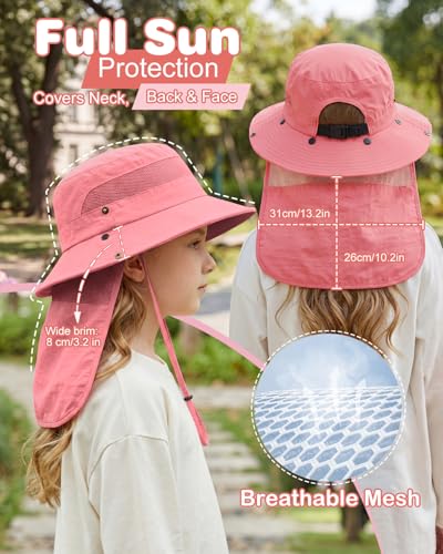 Century Star Kids Sun Hat with Ponytail Hole & Detachable Neck Flap UPF50+ Quick Dry Girls Bucket Hat for Outdoor Beach - color: Watermelon Red