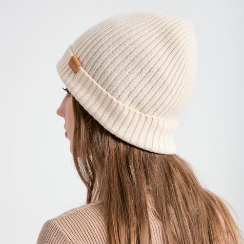 100% Merino Wool Cuff Beanie Hat, Unisex Warm Winter Caps Soft, Breathable & Cozy Stretchy Knitted Cuffed Cap - color: Beige