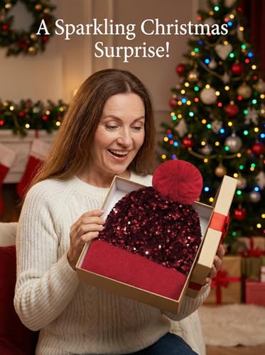 Women Sparkly Sequins Knitted Beanie Hat Warm Winter Skull Cap with Faux Fur Pom Pom - color: Red