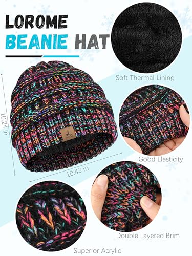 LOROME Winter Beanie Hat Scarf Gloves, Warm Fleece Knit Neck Scarf Set Gift - color: Colorful