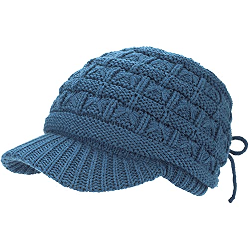 BYOS Womens Winter Chic Cable Warm Fleece Lined Crochet Knit Hat W/Visor Newsboy Cabbie Cap - color: Basket Woven-teal Blue