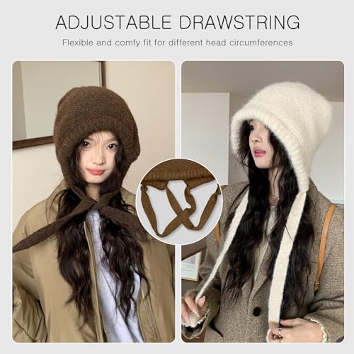 LumiSyne Winter Wool Knitted Hat Adjustable Drawstring Dual Purpose Earflap Hat and Knitted Bag Slouch Beanie Baggy Skull Cap - color: Beige