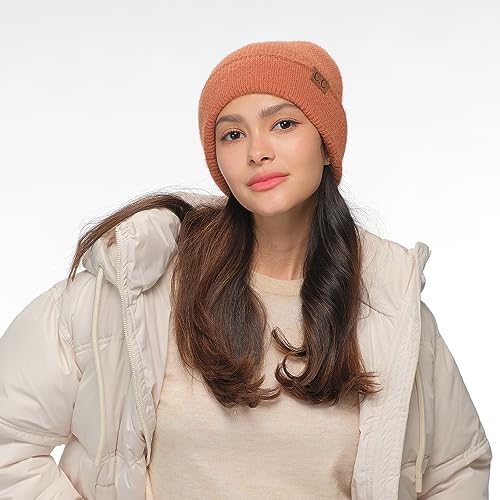 C.C Fuzzy Beanie for Women Unisex - Acrylic Stretchable Soft Warm Knit Winter Skully Hat - color: Feather Yarn-rust