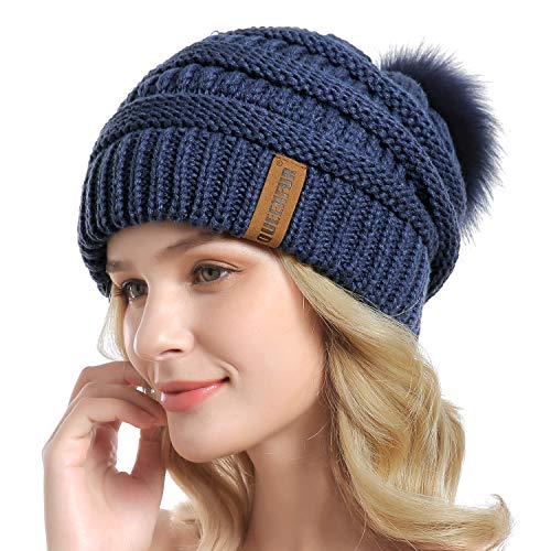 Women Knit Slouchy Beanie Chunky Baggy Hat with Faux Fur Pompom Winter Soft Warm Ski Cap - color: E4-denim Blue