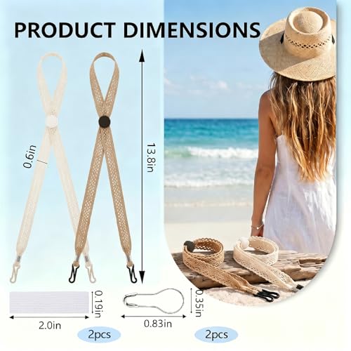 2PCS Adjustable Hat Strap Clips, Sun Hats Chin Strap Replacement, Windproof Adjustable Wide Lace Chin Cord for Sun Hats, Fisherman Hats, Boonie Hat, Wide Brim Fishing Hat Beige, Black