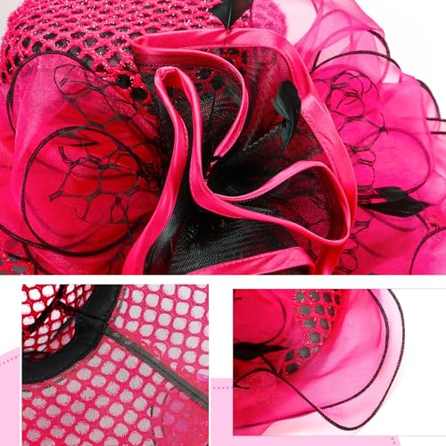 Derby Hat for Women 2026 Wide Brim Organza Sun Church Hat Set Feather Floral Fascinator for Tea Party Wedding Derby - color: Rose Red
