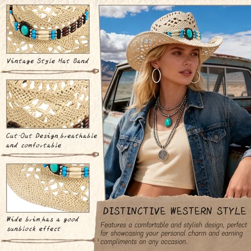 Straw Cowboy Hat for Women, Cowgirl Hat Wide Brim Western Cowboy Hat - color: Style5