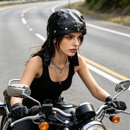 Biker Cap for Women Punk Motorcycle Skull Cap Adjustable Stylish Doo Rag Headwrap for Riding Outdoor Activities - color: Cross