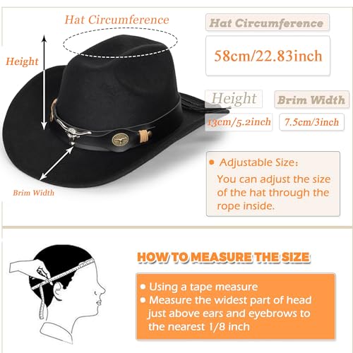 Black Cowboy Cowgirl Hat for Women Men Western Style Wide Brim Felt Fedora Panama Hat with Detachable Belt Buckle - color: Black-bull Head
