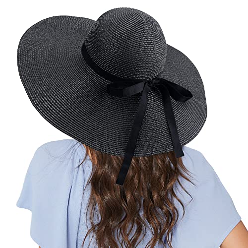 Women Wide Brim Sun Hat UPF50 Straw Summer Hat Floppy Beach Hat Roll-Up - color: Tie Black