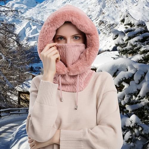HUAMULAN Women Cable Knit Balaclavas Winter Fleece Lined Beanie Hat - color: Pink