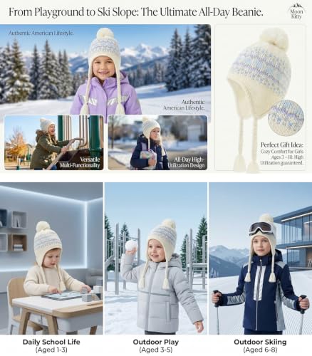 Moon Kitty Girls Knit Hats Winter Fleece Lining Skiing Winter Caps with Warm Ear Flap - color: Blue, size: 1-3T