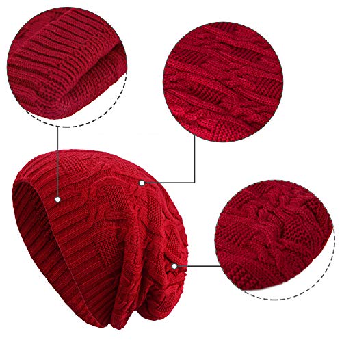 Surblue Unisex Trendy Beanie Warm Oversized Chunky Cable Knit Slouchy Woolen Hat - color: Wine Red