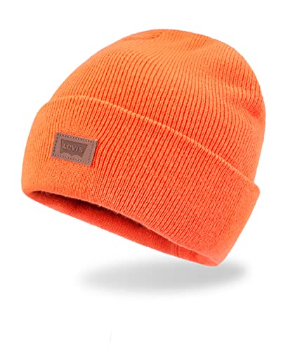 Levi's Mens All-Season Hero Beanie Soft Knit Cuffed Winter Hat, Warm & Comfortable Everyday Style - color: Neon Orange Solid