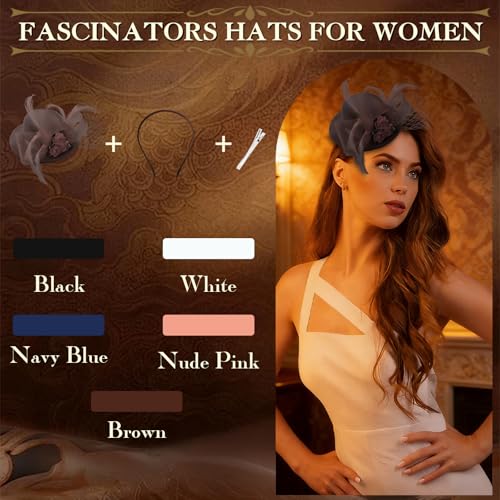 AMCAMI Fascinators Hats for Women Girls 2026 Derby Hats Tea Party Hat with Headband and Clip - color: Brown