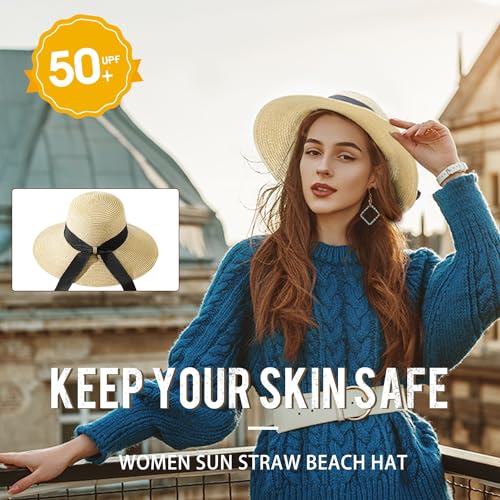 Beach Hats for Women, Sun Straw Hat for Women, UPF 50+ UV Foldable Sun Hat - color: C-beige
