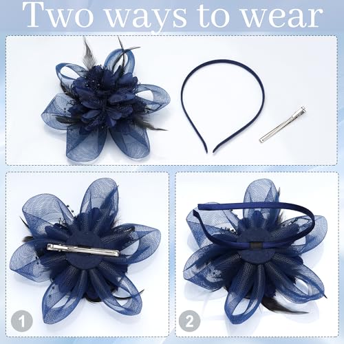 Fascinators Hats with Lace Gloves for Women Headband for Tea Party Wedding - color: Navy Blue