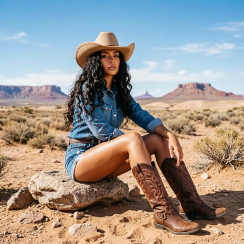 DRESHOW Cowboy Hat for Women and Men Wide Brim Western Cowboy Cowgirl Hat with Belt Buckle Unisex Rolled up Caps - color: Camel