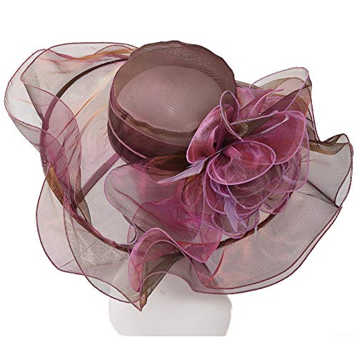 Women Oganza Sun Hat Church Wide Brim Wedding Formal Fascinator Hat - color: Plum & Purple