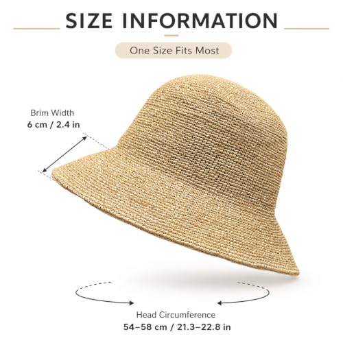 Natural Raffia Straw Bucket Hat for Women Sun Beach Handmade Raffia Woven Bucket Hat Foldable Summer Cap - color: Natural Raffia ( Brim2.4“)