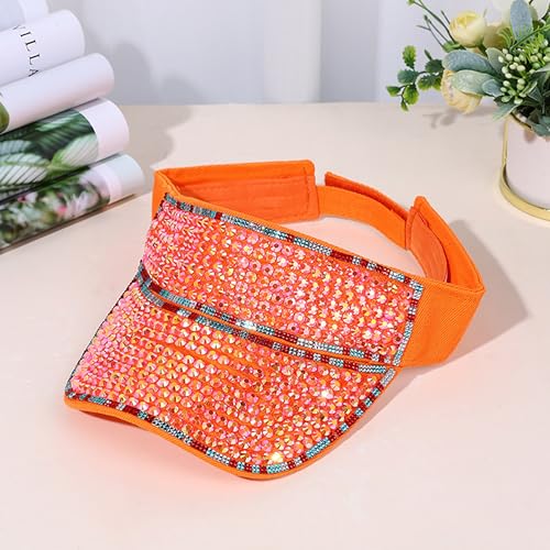 Bling Visor Shiny Rhinestones Sport Sun Adjustable Summer Cap Visor Caps for Women Men - color: Orange