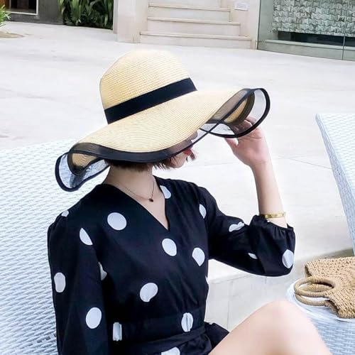 Womens Mens Wide Brim Straw Panama Hat Beach Sun Hat Summer Wide Brim Straw Roll up Hat Fisherman's UPF 50 - color: +Beige