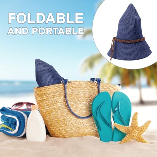 DRESHOW Women Straw Panama Hat Travel Fedora Beach Sun Hat Summer Wide Brim Straw Roll up Hat UPF 50+ - color: Straw Hat With Braided Band: Navy