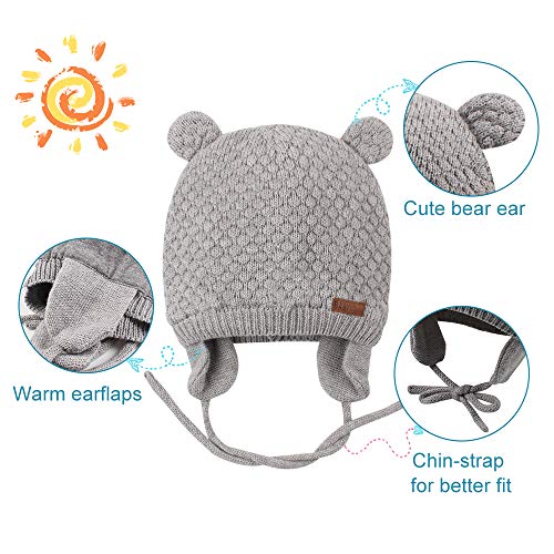 BAVST Baby Beanie Hat for Winter with Earfalp Cute Bear Kids Toddler Girls Boys Warm Knit Cap 0-2Years - color: Bear Ear 2-grey, size: 6-12 Months