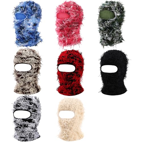 KORADI Women's Balaclava Mens Distressed Tassel Knit Hat Ski Full Face Masks Hats Winter Heart Embroidery Y2k Beanies - color: Coffee