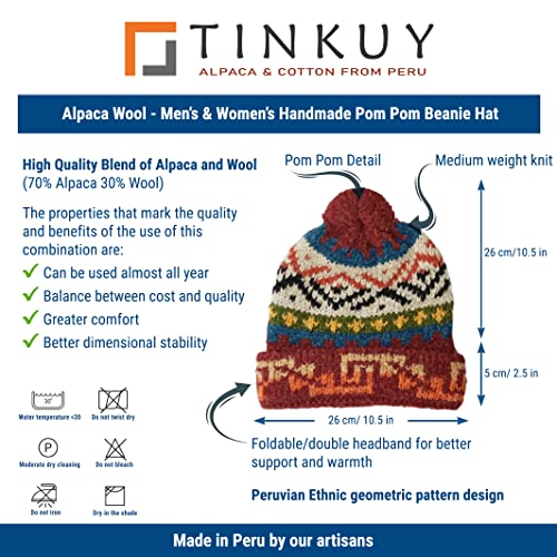 TINKUY Peru Alpaca Wool Winter Beanie, Handmade Bobble Hat, Unisex, One Size - color: Burgundy