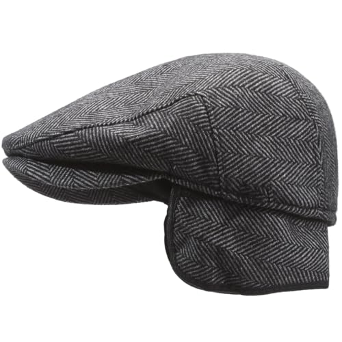 Men's Newsboy Cap with Earflaps Flat Ivy Caps Gatsby Golf Cabbie Hats - color: Grey Herringbone
