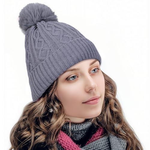 Pom Pom Beanie for Women & Girls, Warm Knit Winter Hat - color: Gray