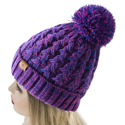 PAGE ONE Womens Winter Ribbed Beanie Crossed Cap Chunky Cable Knit Pompom Soft Warm Hat - color: Dark Rose