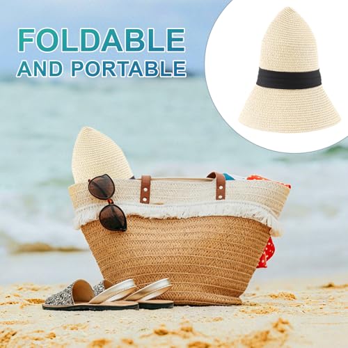 DRESHOW Women Straw Panama Hat Travel Fedora Beach Sun Hat Summer Wide Brim Straw Roll up Hats UPF 50+ - color: Fedora Ivory M