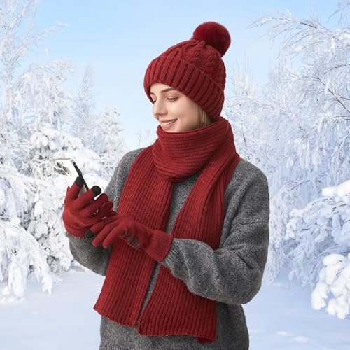 HUAMULAN Women Winter Knit Beanie Hat Circle Scarf Set Pompoms Ear Flaps - color: Wine Red With Scarf and Gloves