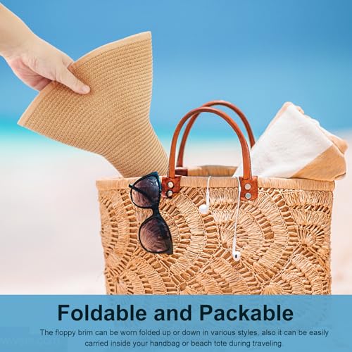 DRESHOW Big Straw Sun Hats for Women Floppy Foldable Roll up Beach Cap Sun Hat UPF 50+ Vacation Honeymoon Embroidered Hat - color: 1 Pack Medium Size: Khaki (Head Circumference 22-22.8")