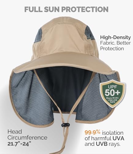 Hat Hut Ultra-Light Sun Hat with Neckflap, UPF 50+, Wide Brim, Breathable Outdoor Hiking Fishing Hats for Men - color: Khaki