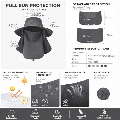 Sun Hat Bucket Hats for Men Women,Outdoor Wide Brim Fishing Hat with Detachable Face Cover & Neck Flap UV Protection - color: Lightgrey-1