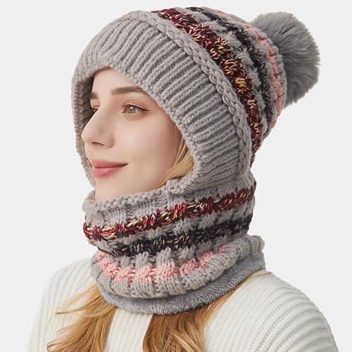HUAMULAN Women Winter Knit Beanie Hats One Piece Fleece Lined Balaclavas - color: Gray + Colorful Stripe